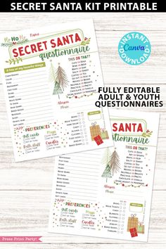 the secret santa printable game is shown on a wooden table