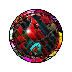 a stained glass window with a red cardinal on it's side and leaves around the edges