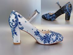 🌸 Inspired by Blue & White china/porcelain 🌸 Elegant Leaves & Branches Pattern Design 🌸 Shoes in Photos: 🍀 Black/Ivory/White Satin Upper (can change to any other-colored satin for free) 🍀 Dark & Light Blue Combined Lace Applique 🍀 Heel height 7cm (approximately 2.8 inches) 🍀 Mary Jane Closed Toe 🍀 Block heels 🍀 Ankle strap can be removed upon request 🌸 Size Guide: 🍀 True to size (European size) 🍀 All shoes are made in standard width. 🍀 We are based in the US, but our shoes are made in European size, below is the conversion chart, please kindly be aware that not every European size can be exclusively converted to one US size, so please use the chart for reference only. US 5-5.5 = UK 3-3.5 = EURO 35 = 228.8mm US 5.5-6 = UK 3.5-4 = EURO36 = 235.4mm US 6.5-7 = UK 4.5-5 = EURO 37 = Closed Toe Block Heels, Colorful Wedding Shoes, Blue Bridal Shoes, Wedding Shoes Bride, White Wedding Shoes, Star Shoes, White Heels, Womens Wedding Shoes, Blue And White China