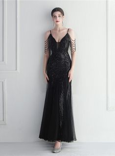 In Stock:Ship in 48 Hours Sexy Black Tulle Sequins Beading Party Dress Black Mermaid Prom Dress, Crown Headdress, Beaded Mermaid, Fishtail Maxi Dress, Beaded Party Dress, Girl Material, Accessories Crystal, Green Tulle, Black Mermaid