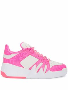 White/pink leather Talon sneakers from Giuseppe Zanotti featuring two-tone design, logo plaque at the tongue, perforated detailing, round toe, front lace-up fastening, side zip fastening, branded insole and flat rubber sole. Giuseppe Zanotti Shoes, Crocodile Print, All About Shoes, Balenciaga Triple S, Urban Street, Gorgeous Shoes, Hummel Sneaker, Designer Sneakers, Wedge Sneaker