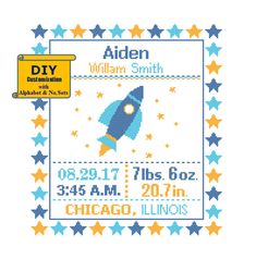 a cross stitch pattern for a baby's birth announcement with a rocket ship on it