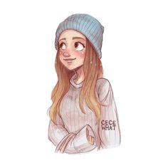 a drawing of a girl with long hair wearing a blue beanie and looking at the camera