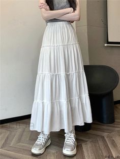 White Cake-inspired High-Waisted Midi Skirt with Flowy Hem Non-stretch Solid White Skirt, White Solid Color Skirt, Trendy Solid White Skirt, Trendy White Solid Color Skirt, High-waisted White Gathered Bottoms, Casual White Tiered Maxi Skirt, Casual White Maxi Skirt With Ruffles, White Non-stretch Tiered Skirt, Trendy Non-stretch White Skirt