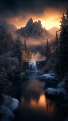 #waterfall #winter #landscape Waterfall Sunset, Winter Waterfall, Winter Wallpaper, Landscape Pictures, Pictures To Paint, I Wallpaper, Winter Landscape, Art Pieces, Paint