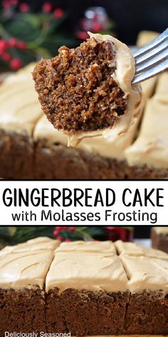 A double collage photo of gingerbread cake with molasses frosting. Fika Recipes, Molasses Frosting, Moist Gingerbread Cake, Gluten Free Gingerbread Cake, Moist Gingerbread, Gingerbread Dessert, Batch Baking, Desert Ideas