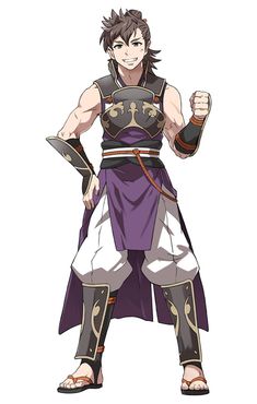 an anime character in purple and black clothes with his fist up, standing on one leg