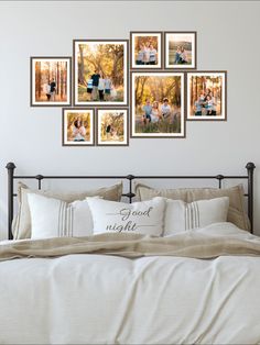 a bed with pillows and pictures on the wall above it