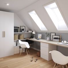 an attic bedroom with two skylights and a desk in the corner, next to a chair