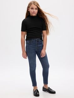 This denim is made with 5% recycled cotton.   Less waste in the world.  More great denim for you.  High-stretch denim.  Button closure front at waist Trendy Stretch Jeans, Gap Stretch Denim Bottoms, Stretch Denim Bottoms By Gap, High Waist Denim Jeans, Jeans For Kids, Faux Snap, Girl Jeans, Cute Friend Pictures, Jeans Kids