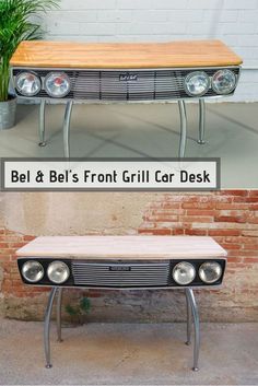 a bench that is made out of an old car hood and front grill, with the words bel & bel's front grill car desk on it