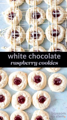 white chocolate raspberry cookies are cooling on a rack and in the foreground