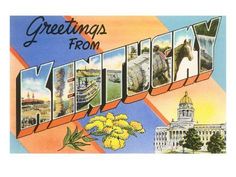 a postcard with the word greetings from kentucky written in large letters and pictures of buildings