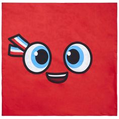 a red towel with blue eyes and a ribbon around it's eye, on a white background