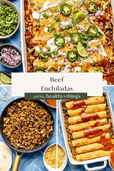 an enchiladas recipe is shown with other dishes