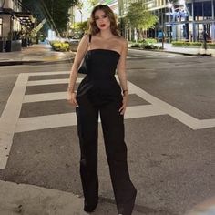 Size Xs / Us 2 / Eur 34 Casual Black Pantsuit For Night Out, Black Casual Strapless Jumpsuit For Work, Summer High Waist Black Pantsuit, Summer High-waisted Black Pantsuit, Black High-waist Summer Pantsuit, Summer Black High-waist Pantsuit, Black Summer Pantsuit For Going Out, Black Strapless Jumpsuit For Night Out, Black Overall Jumpsuit For Night Out