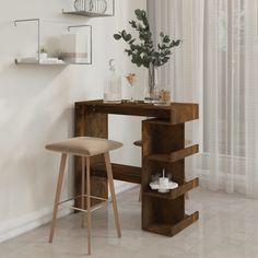 a wooden desk and stool in a room