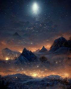 the night sky is full of stars and lights as it shines brightly over snowy mountains