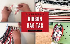 the diy baseball ribbon bag tag is made from old baseballs and other items