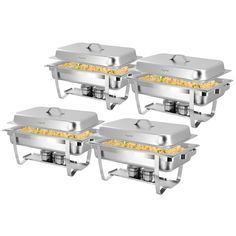 set of four stainless steel chafers with food in the bottom and side compartments