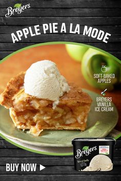 an advertisement for apple pie la mode on a plate with ice cream in the middle