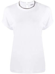 Elevate your wardrobe with this luxurious crew neck short sleeve t-shirt from Brunello Cucinelli. Crafted from a soft blend of cotton and elastane, this top is ideal for casual outings or stylish layering.

- Composition: 93% Cotton, 7% Elastane  
- Subtle keyhole detail at the back Contrasting Trim, T-shirt Polos, Contrast Trim, Brunello Cucinelli, White T, Womens Shoes Sneakers, White Cotton, Designing Women, Sneaker Boots