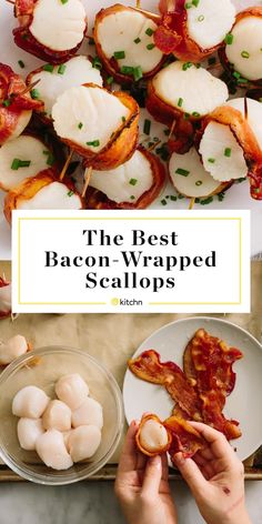 the best bacon wrapped scallops on a platter with someone holding a plate