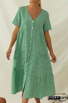 Paneled Plaid Print Buttons Down V-neck Casual Midi Dress Summer V-neck Maxi Dress For Picnic, Summer V-neck Dress For Picnics, Summer V-neck Picnic Dress, Summer V-neck Dress For Picnic, Casual V-neck Dress For Picnic, V-neck Midi Dress For Spring Picnic, Spring V-neck Midi Dress For Picnic, Casual Green Midi Dress For Picnic, Green Casual Dress For Picnic