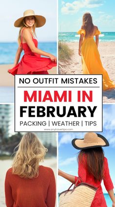 woman in red dress and straw hat on beach with text overlay saying no outfit makes miami in february packing i weather tips