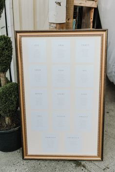 a framed seating chart sitting on top of a table next to potted planters