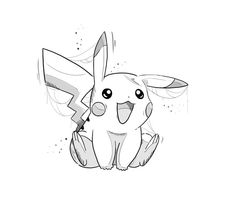 a black and white drawing of a pikachu sitting on the ground with a knife in it's mouth