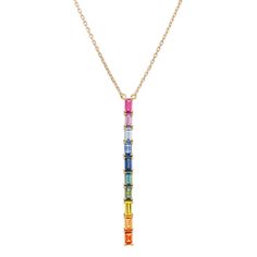 Crafted in quality 14 karat yellow gold  this delightful pendant will add bold rainbow colors to your wardrobe with 10 baguette multi-colored sapphires at approximately 1.56 carats total weight. These magnificent gemstones hangs from a matching  adjustable 18-inch cable chain with a lobster clasp. The colorful design measures approximately 1 and 1/8 of an inch long. Colored Sapphires, Rainbow Sapphires, Jewelry Cleaning Solution, Rainbow Jewelry, Gemstone Necklaces, Platinum Jewelry, Filigree Design, Colourful Necklace, Oval Pendant