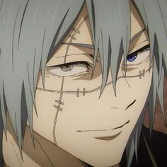 an anime character with grey hair and blue eyes