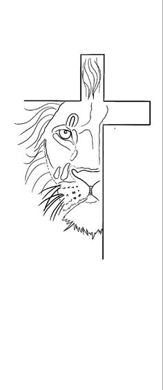 a black and white drawing of a cross with a lion on it's face