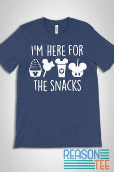 Get your I'm Here For The Snacks T-shirt and be Instagram, picture, or selfie-ready! The perfect tee for your squad. Super comfy; this will become your next favorite tee for everything - hiking, vacation, biking, Sunday Funday, chilling... T-shirt fabric: Solid Colors: 4.2 oz., 100% Airlume combed and ring-spun cotton, 32 singles Heather CVC/Blend Colors: 52% Airlume combed and ring-spun cotton, 48% polyester Sport Grey: 90% Airlume combed and ring-spun cotton, 10% polyester Disneyland Family Shirts, Here For The Snacks, Disney Tee Shirts, Disney Snacks, Disney Tees