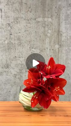 a vase filled with red flowers sitting on top of a wooden table next to a concrete wall