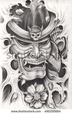 Mask Tattoo Design, Samurai Mask Tattoo, Japanese Warrior Tattoo, Japanese Mask Tattoo, Samurai Drawing, Guerriero Samurai, Armor Tattoo