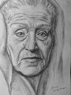 an old woman's face is shown in this pencil drawing by the artist,