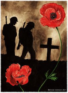 a painting of two soldiers with poppys in the foreground and a cross in the background