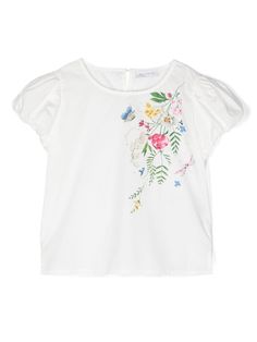 white/multicolour cotton floral print to the front crystal embellishment crew neck rear hook fastening short sleeves straight hem Summer Floral Print Crew Neck Short Sleeve Top, Summer Floral Print Short Sleeve Crew Neck Top, Spring Floral Print Short Sleeve Crew Neck Top, White Crew Neck T-shirt With Floral Applique, White Short Sleeve Top With Floral Applique, White Floral Applique Short Sleeve Top, Summer Crew Neck T-shirt With Floral Applique, Summer Floral Applique T-shirt With Crew Neck, Summer Floral Applique Crew Neck T-shirt