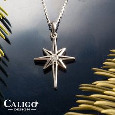 North Star Pendant Necklace - 14K White Gold Star with Diamond - Star jewelry by Caligo Design - Nature Inspired Jewelry - #star #stars #northStar #northStarNecklace #starNecklace #diamondStar #diamondNecklace #goldStar #14Kwhitegold #constant star #northernHemisphere #polarisStar #starryNight #skyJewelry #shineBright #natureinspiredjewelry #nature #sky #nightSky #nightSkyJewelry Sterling Silver Star-shaped Diamond Necklace, Sterling Silver Star Diamond Necklace With Accents, White Gold Star-shaped Jewelry With Single Diamond, White Gold Star-shaped Jewelry With Brilliant Cut, Star-shaped Silver Diamond Necklace For Anniversary, Sterling Silver Star Diamond Necklace, Silver Star-shaped Diamond Necklace For Anniversary, Diamond White Star-shaped Necklace For Gifts, Star Shaped Sterling Silver Jewelry With Single Cut Diamonds