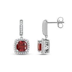 Gorgeous cushion-cut garnets glimmer at the center of these beautiful sterling silver dangle earrings for her. Sparkling white lab-created sapphires halo each center gemstone, and more dazzle above to complete the look. Elegant Halo Design Cushion Cut Earrings, Elegant Cushion Cut Halo Earrings, Red Sterling Silver Earrings With Halo Setting, Cushion Cut Halo Setting Earrings, Elegant Dangle Jewelry With Halo Setting, Fine Jewelry With Halo Design Dangle, Fine Jewelry With Halo Design And Dangle Shape, Fine Jewelry Halo Design Dangle Earrings, Fine Jewelry With Halo Setting Dangle