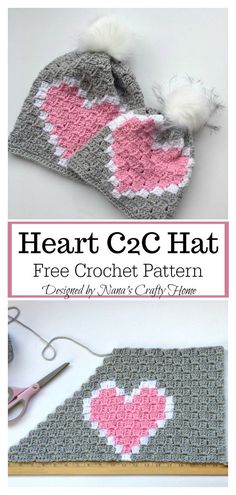 a crocheted heart hat with pink hearts on it and scissors next to it