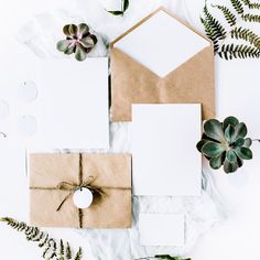 an assortment of stationery items including envelopes, cards and succulents