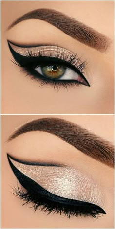 bold grapic cat eye outline / half cut crease in black + gold glitter | makeup @vanyxvanja by Blondie69