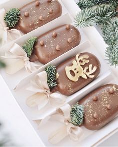 three pieces of chocolate covered in frosting and decorated with pine cones, ribbons and bows