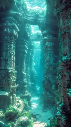 an underwater cave with rocks and plants growing out of the water's surface, surrounded by rock pillars