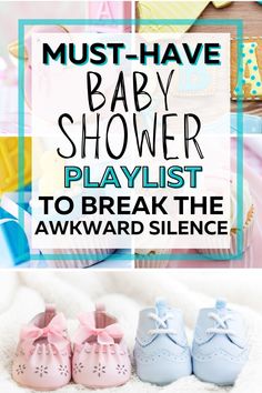 baby shower playlist with pink and blue shoes on the floor, next to cupcakes