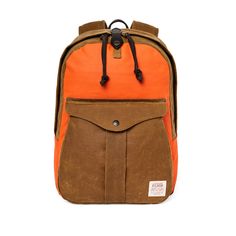 an orange and brown backpack with two pockets on the front, one pocket is open