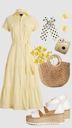 a yellow dress and white shoes are featured in this fashion photo with accessories including a camera